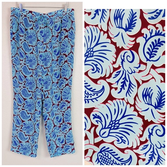 J. Crew Aqua Paisley Silk Pull On Pants Size 14 - Picture 1 of 7